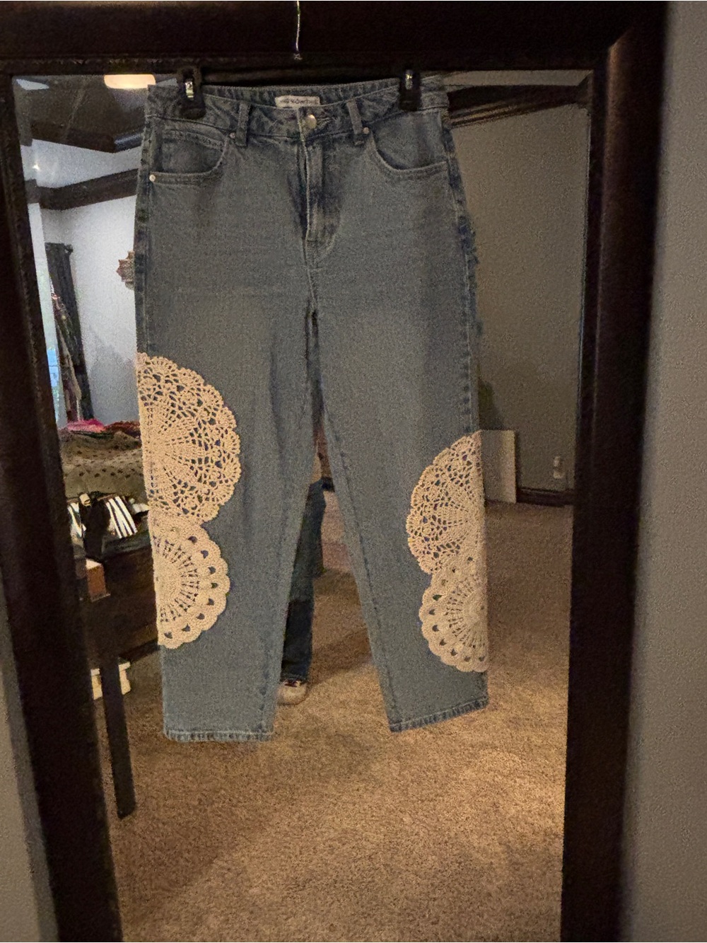 High-Rise Light Blue Denim Jeans with Cream Crochet Appliqué